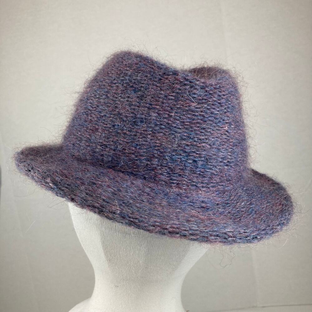 VTG Mohair Wool Blend Knit Fedora Hat Womens SZ 57 ITALY Lavender Purple Fuzzy